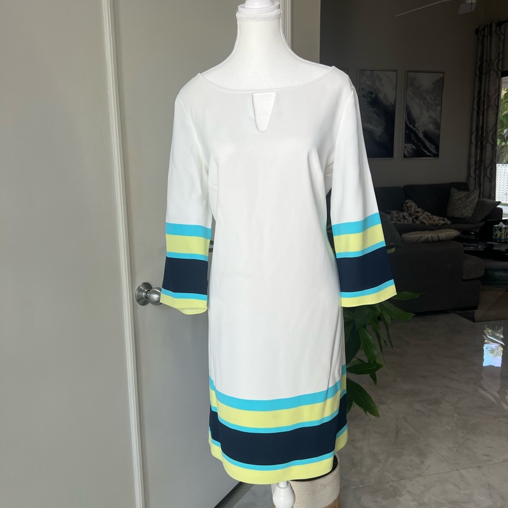 Ann Taylor White Dress–Striped Accent Hem&Sleeves, Satin Lined,Scoop Neck Cutout